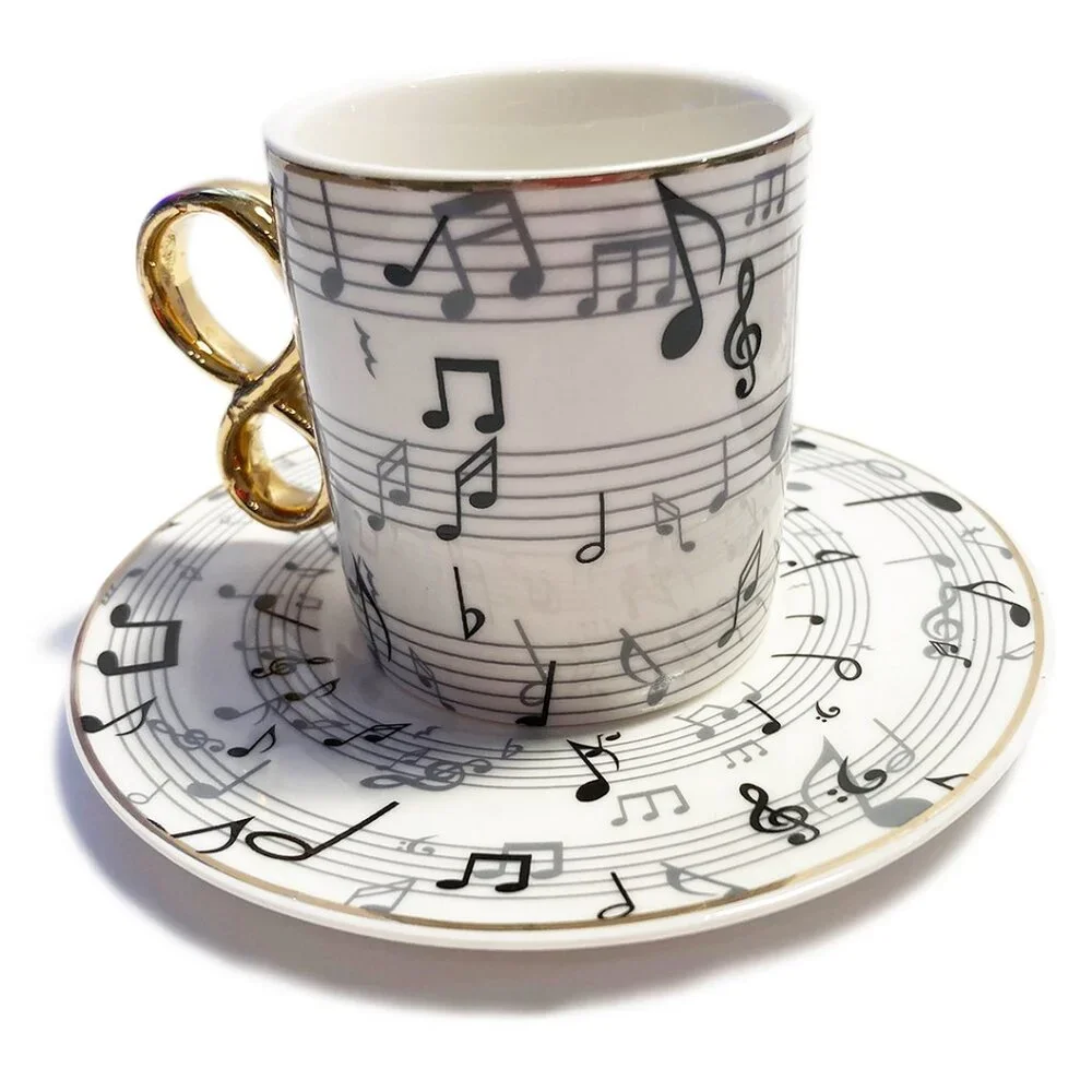 2 Sets of NEW Black & White Music Design Bone China 2-Piece Espresso Set w/Gol… - Picture 2 of 3